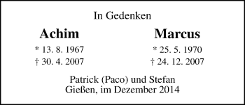 Traueranzeige von Achim und Marcus Madler von Giessener Allgemeine, Alsfelder Allgemeine