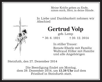 Traueranzeige von Gertrud Volp von Wetterauer Zeitung, Wetterauer Zeitung