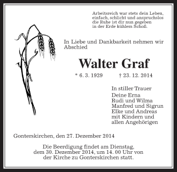 Traueranzeige von Walter Graf von Giessener Allgemeine, Alsfelder Allgemeine