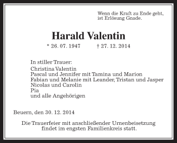 Traueranzeige von Horst Valentin von Giessener Allgemeine, Alsfelder Allgemeine