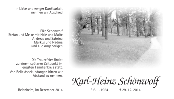Traueranzeige von Karl-Heinz Schönwolf von Wetterauer Zeitung, Wetterauer Zeitung