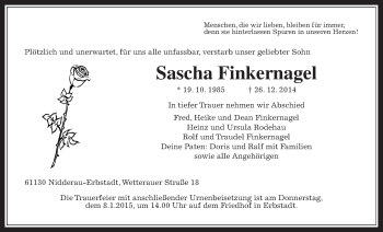 Traueranzeige von Sascha Finkernagel von Wetterauer Zeitung, Wetterauer Zeitung
