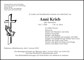Traueranzeige von Anni Krieb von Giessener Allgemeine, Alsfelder Allgemeine
