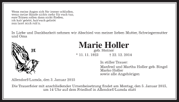 Traueranzeige von Marie Holler von Giessener Allgemeine, Alsfelder Allgemeine