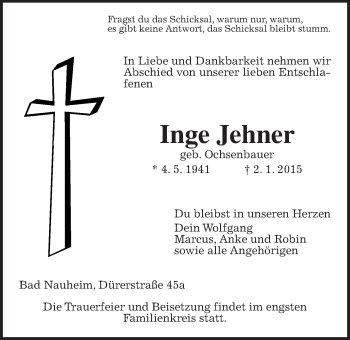 Traueranzeige von Inge Jehner von Wetterauer Zeitung, Wetterauer Zeitung