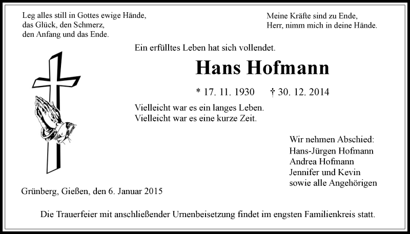  Traueranzeige für Hans Hofmann vom 06.01.2015 aus Giessener Allgemeine, Alsfelder Allgemeine