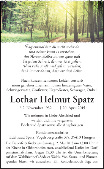 Traueranzeige von Lothar Helmut Spatz von Licher Wochenblatt, Licher Wochenblatt, Licher Wochenblatt