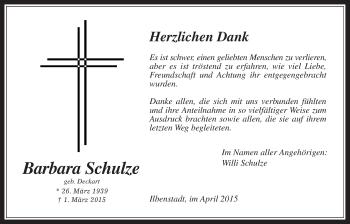 Traueranzeige von Barbara Schulze von Wetterauer Zeitung, Wetterauer Zeitung