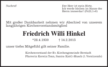 Traueranzeige von Friedrich Willi Hinkel von Wetterauer Zeitung, Wetterauer Zeitung