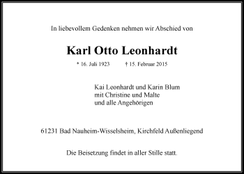 Traueranzeige von Karl Otto Leonhardt von Wetterauer Zeitung, Wetterauer Zeitung