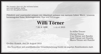 Traueranzeige von Willi Törner von Gießener Allgemeine, Alsfelder Allgemeine