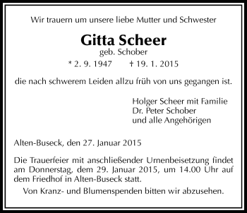 Traueranzeige von Gitta Scheer von Giessener Allgemeine, Alsfelder Allgemeine