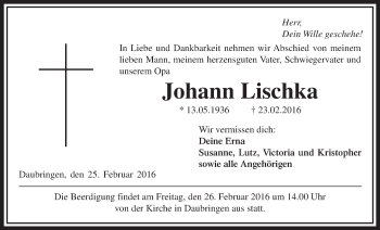 Traueranzeige von Johann Lischka von Gießener Allgemeine, Alsfelder Allgemeine