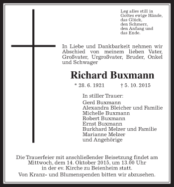 Traueranzeige von Richard Buxmann von Wetterauer Zeitung, Wetterauer Zeitung