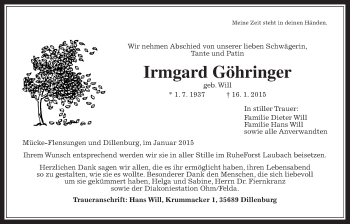 Traueranzeige von Irmgard Göhringer von Alsfelder Allgemeine