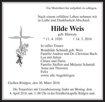 Traueranzeige von Hilde Weis von Gießener Allgemeine, Alsfelder Allgemeine