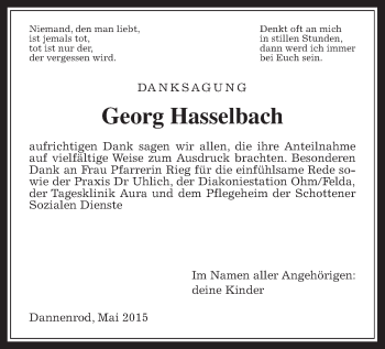 Traueranzeige von Georg Hasselbach von Alsfelder Allgemeine