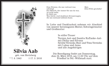 Traueranzeige von Silvia Aab von Wetterauer Zeitung, Wetterauer Zeitung