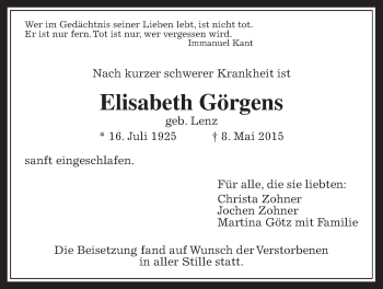 Traueranzeige von Elisabeth Görgens von Gießener Allgemeine, Alsfelder Allgemeine