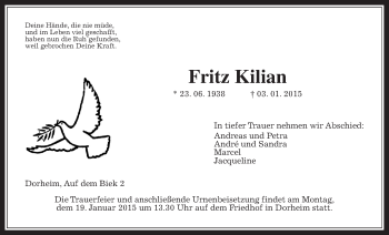 Traueranzeige von Fritz Kilian von Wetterauer Zeitung, Wetterauer Zeitung