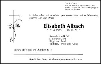 Traueranzeige von Elisabeth Albach von Gießener Allgemeine, Alsfelder Allgemeine