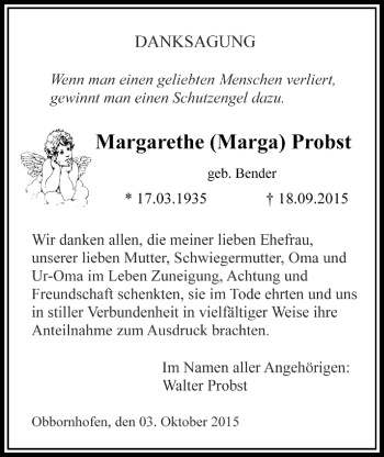 Traueranzeige von Margarethe Probst von Licher Wochenblatt, Licher Wochenblatt, Licher Wochenblatt