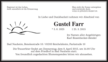 Traueranzeige von Gustel Farr von Wetterauer Zeitung, Wetterauer Zeitung