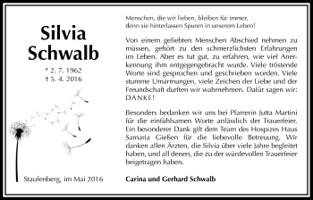 Traueranzeige von Silvia Schwalb von Gießener Allgemeine, Alsfelder Allgemeine