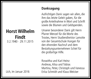 Traueranzeige von Horst Wilhelm Findt von Licher Wochenblatt, Licher Wochenblatt, Licher Wochenblatt