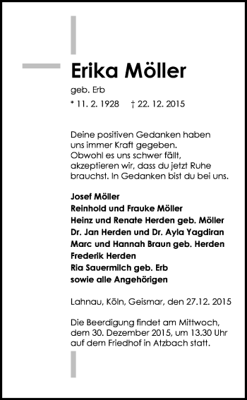 Traueranzeige von Erika Möller von Gießener Allgemeine, Alsfelder Allgemeine