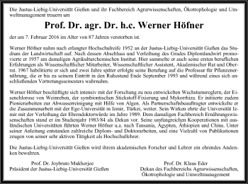 Traueranzeige von Werner Höfner von Gießener Allgemeine, Alsfelder Allgemeine