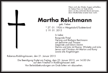 Traueranzeige von Martha Reichmann von Giessener Allgemeine, Alsfelder Allgemeine