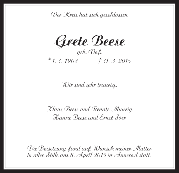 Traueranzeige von Grete Beese von Gießener Allgemeine, Alsfelder Allgemeine