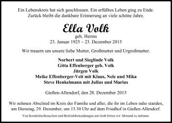 Traueranzeige von Ella Volk von Gießener Allgemeine, Alsfelder Allgemeine