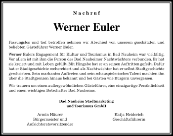 Traueranzeige von Werner Euler von Wetterauer Zeitung, Wetterauer Zeitung