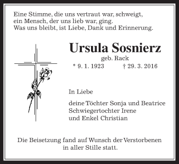 Traueranzeige von Ursula Sosnierz von Wetterauer Zeitung, Wetterauer Zeitung