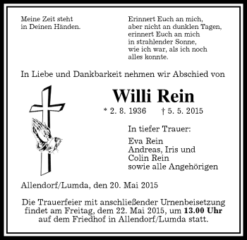Traueranzeige von Willi Rein von Gießener Allgemeine, Alsfelder Allgemeine