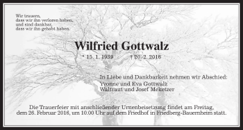 Traueranzeige von Wilfried Gottwalz von Wetterauer Zeitung, Wetterauer Zeitung