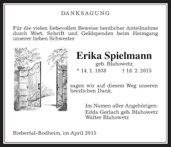 Traueranzeige von Erika Spielmann von Gießener Allgemeine, Alsfelder Allgemeine