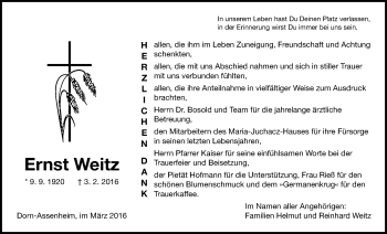 Traueranzeige von Ernst Weitz von Wetterauer Zeitung, Wetterauer Zeitung