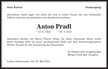 Traueranzeige von Anton Pradl von Gießener Allgemeine, Alsfelder Allgemeine