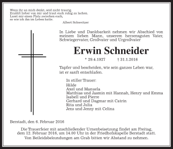 Traueranzeige von Erwin Schneider von Wetterauer Zeitung, Wetterauer Zeitung