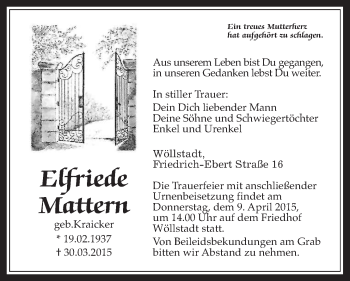 Traueranzeige von Elfriede Mattern von Wetterauer Zeitung, Wetterauer Zeitung