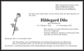 Traueranzeige von Hildegard Dilo von Wetterauer Zeitung, Wetterauer Zeitung