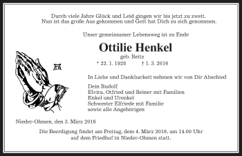 Traueranzeige von Ottilie Henkel von Alsfelder Allgemeine