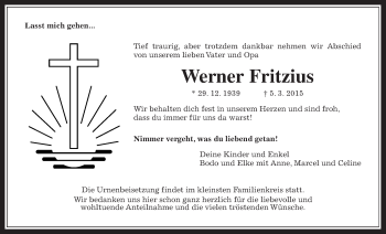 Traueranzeige von Werner Fritzius von Gießener Allgemeine, Alsfelder Allgemeine