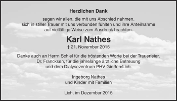 Traueranzeige von Karl Nathes von Licher Wochenblatt, Licher Wochenblatt, Licher Wochenblatt