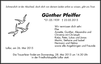 Traueranzeige von Günther Pfeiffer von Gießener Allgemeine, Alsfelder Allgemeine