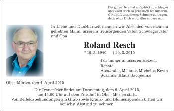 Traueranzeige von Roland Resch von Wetterauer Zeitung, Wetterauer Zeitung