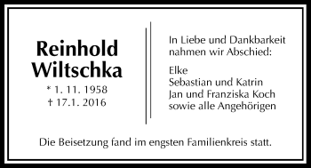 Traueranzeige von Reinhold Wiltschka von Gießener Allgemeine, Alsfelder Allgemeine